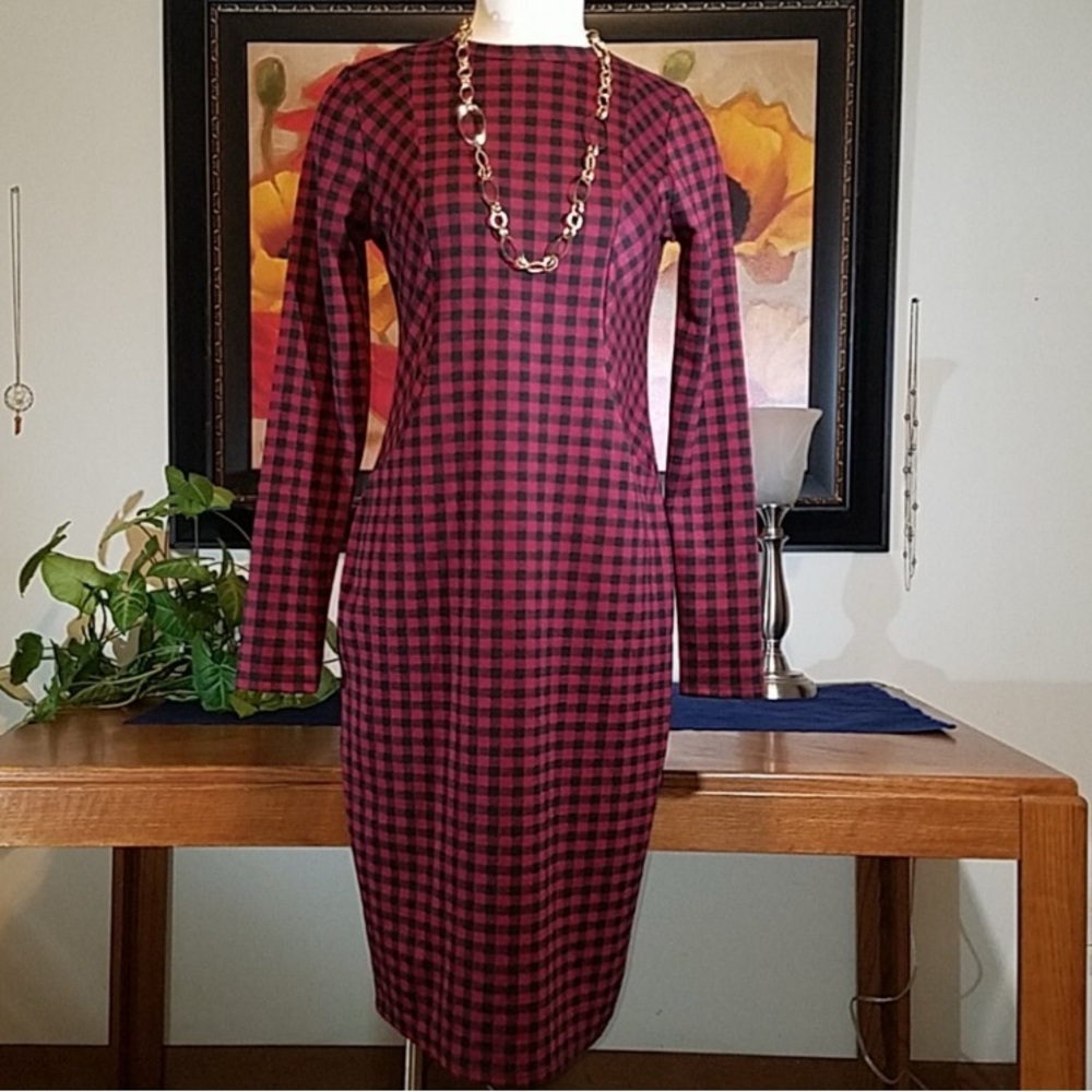 Plaid Long Sleeve Dress Red and Black - Picture 2 of 8
